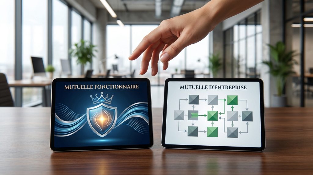 Deux tablettes affichent 'Mutuelle Fonctionnaire' (bouclier) et 'Mutuelle d'Entreprise' (organigramme), avec une main au-dessus.