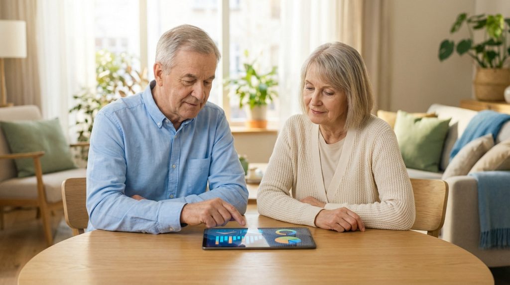 Couple de seniors consultant des graphiques financiers sur une tablette numérique dans leur salon. L'homme pointe l'écran.