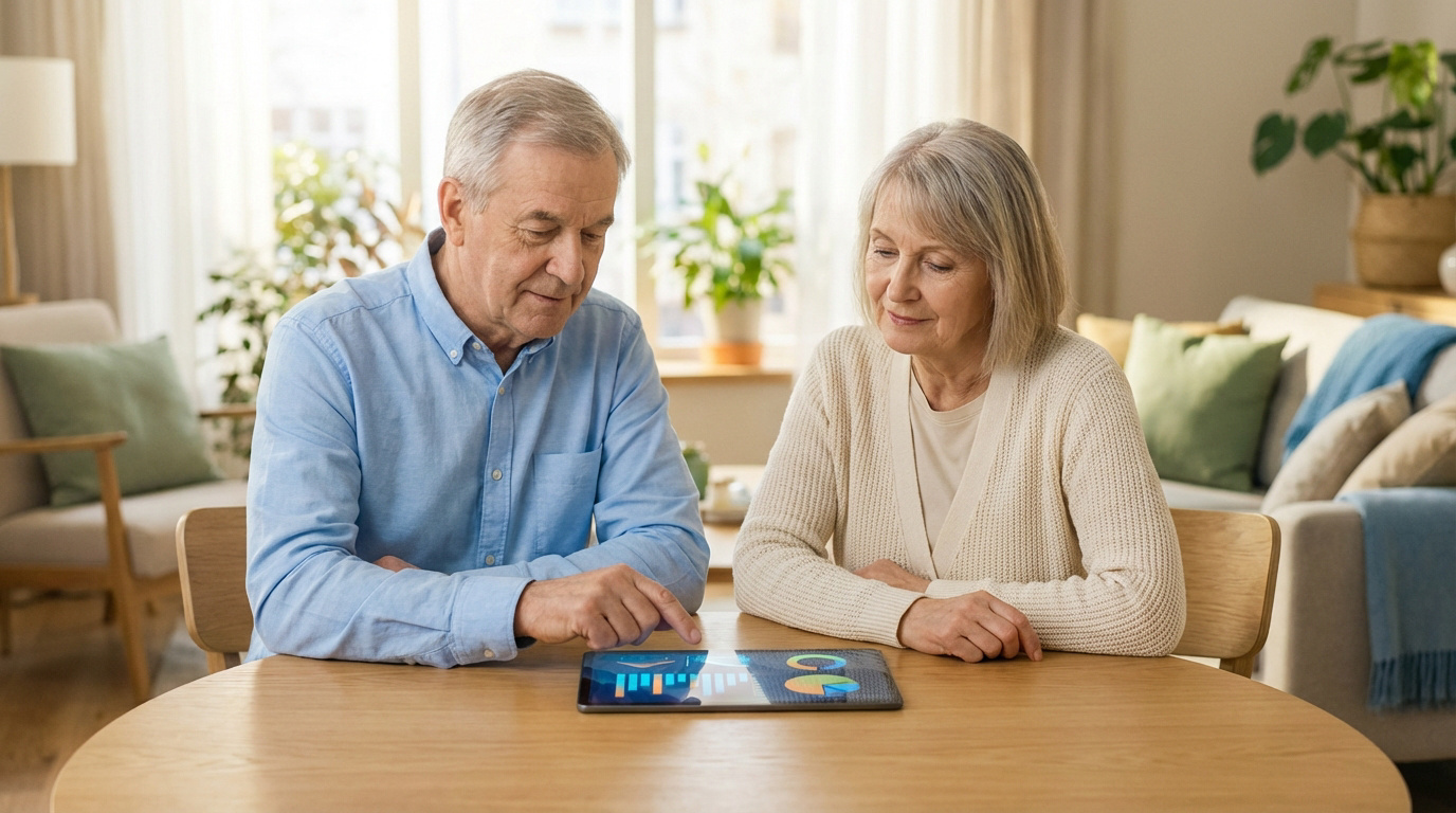 Couple de seniors consultant des graphiques financiers sur une tablette numérique dans leur salon. L'homme pointe l'écran.