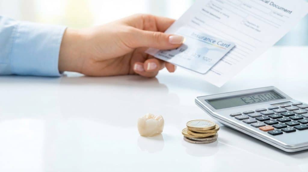 Main tenant une carte d'assurance et un document. Sur la table : prothèse dentaire, pièces d'euro et calculatrice affichant 350€.