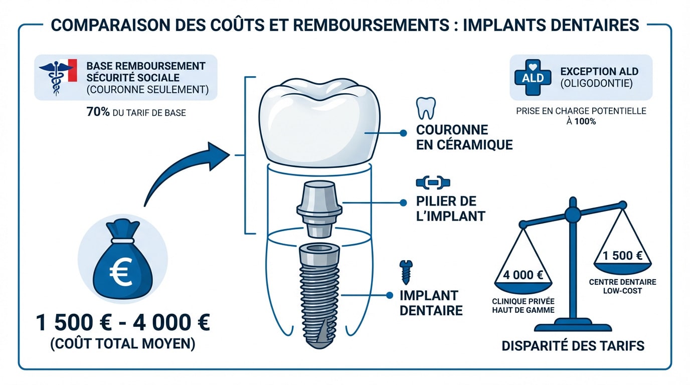 Graphique des coûts moyens d'un implant dentaire et part de remboursement mutuelle