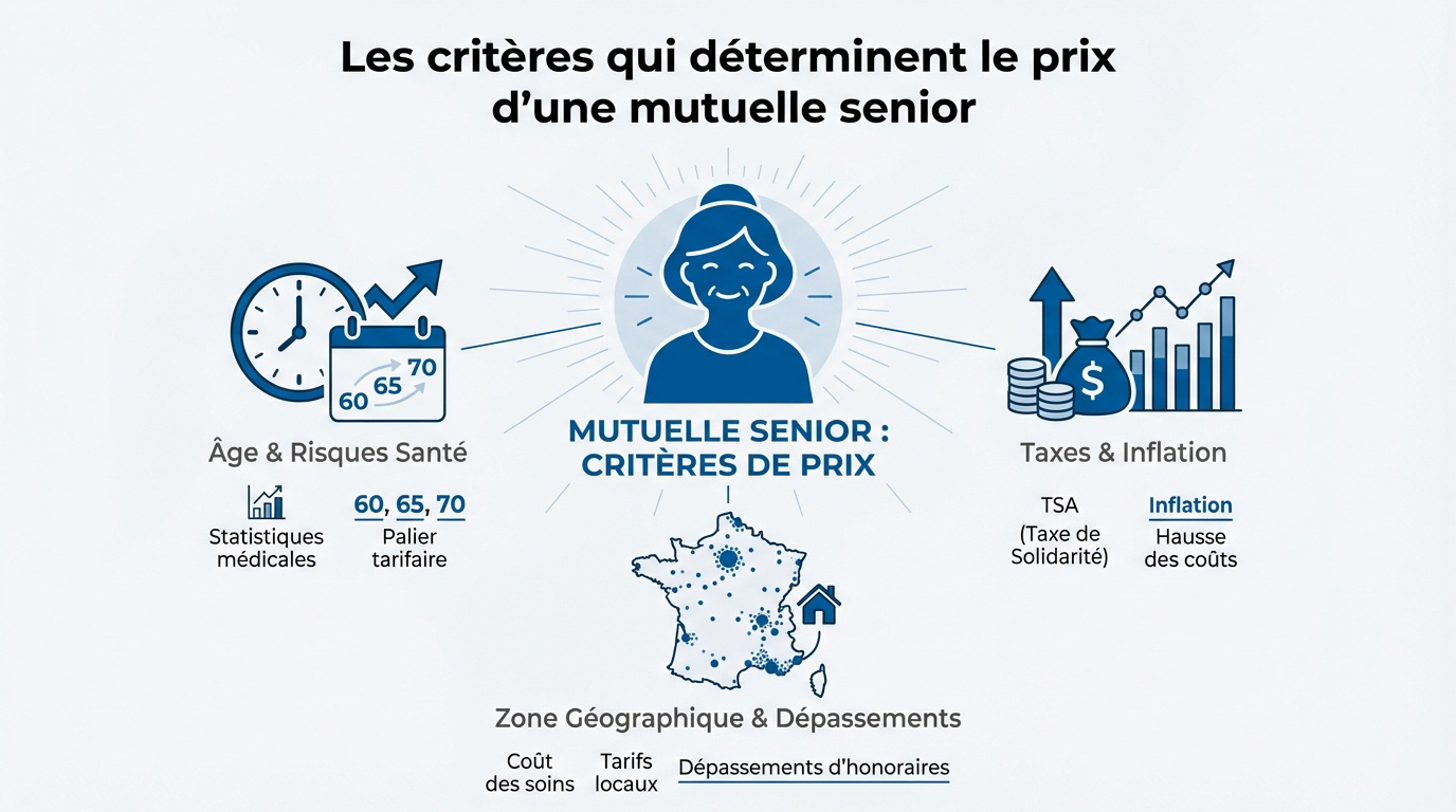 Graphique illustrant les critères de calcul du prix d'une mutuelle pour senior