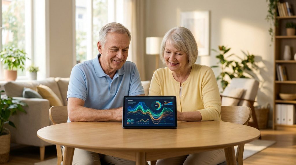 Un couple de seniors examine des graphiques colorés sur une tablette numérique, illustrant l'analyse de leur mutuelle.