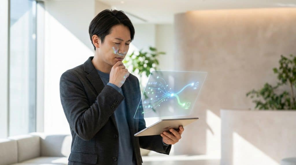 Homme pensif devant une tablette projetant un écran holographique de données. Il analyse des options, probablement santé ou financière.