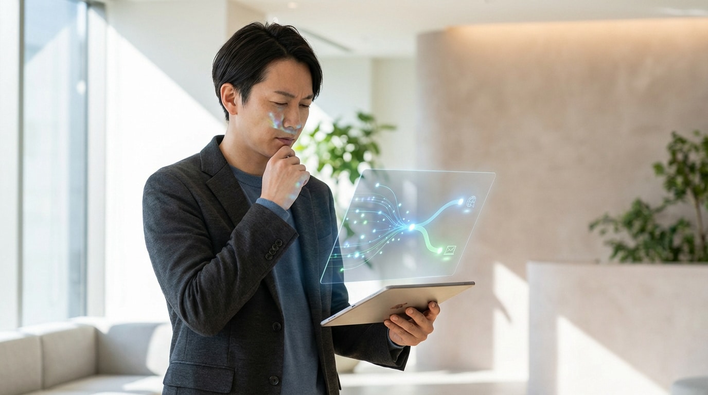 Homme pensif devant une tablette projetant un écran holographique de données. Il analyse des options, probablement santé ou financière.