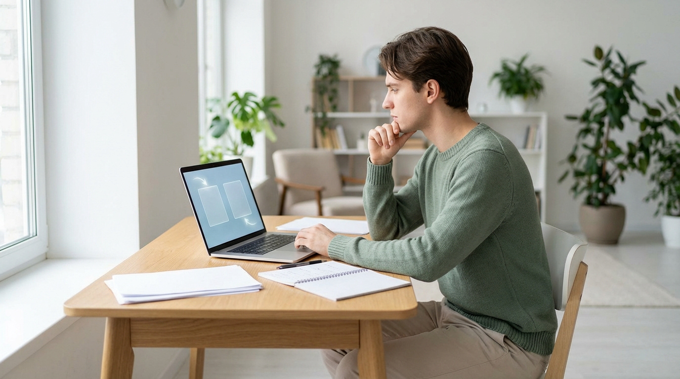 Jeune homme pensif devant son laptop affichant deux options de choix, réfléchissant à sa mutuelle.