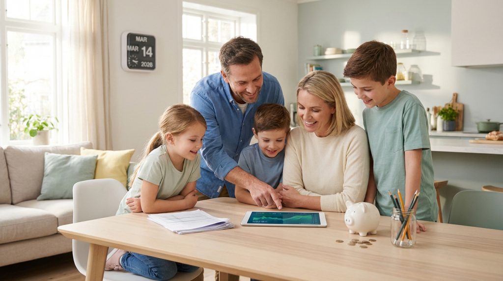 Famille souriante (parents, 3 enfants) regardant ensemble un graphique sur une tablette, avec une tirelire et des pièces sur la table.