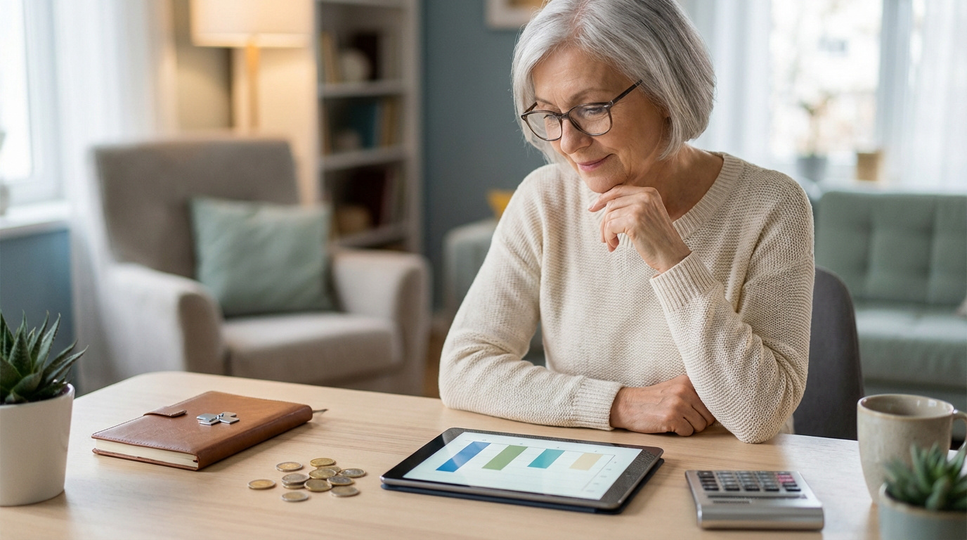 Femme senior aux cheveux gris évaluant ses finances à une table avec tablette, calculatrice et pièces de monnaie.