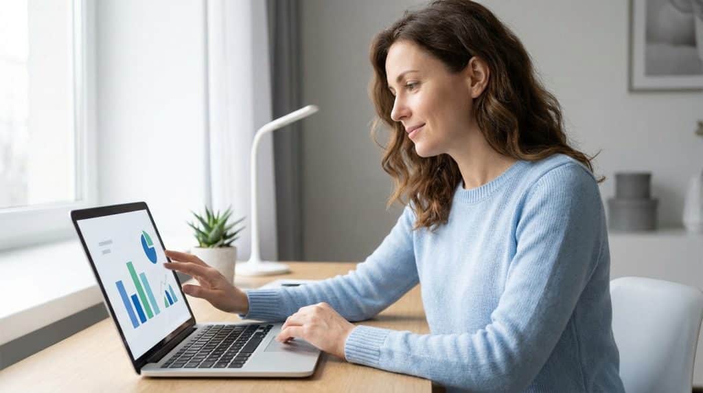 Une femme aux cheveux bruns analyse des graphiques de données sur un ordinateur portable, comparant les options de remboursement mutuelle.