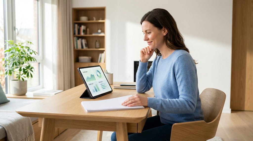 Femme souriante analysant des données de mutuelle santé sur tablette, avec des documents sur un bureau lumineux.