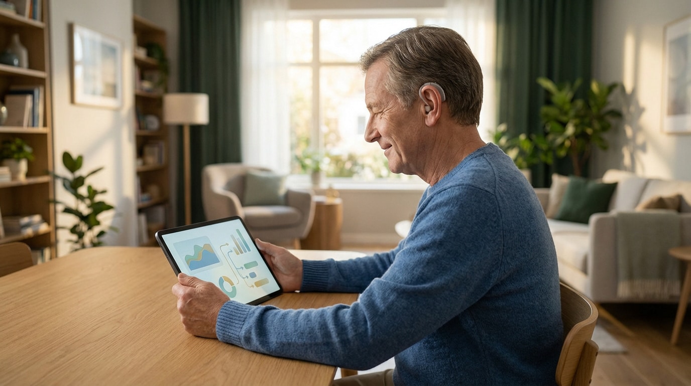 Homme senior souriant avec un appareil auditif, utilisant une tablette dans un salon moderne et lumineux.