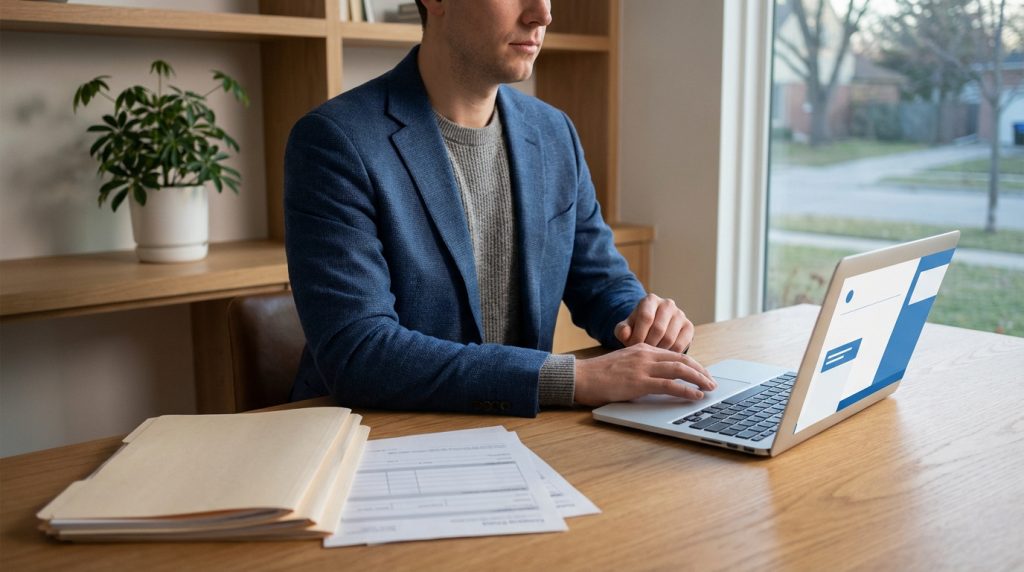 Homme en veste bleue utilise son ordinateur portable pour rechercher des informations sur sa mutuelle, des documents sur le bureau.