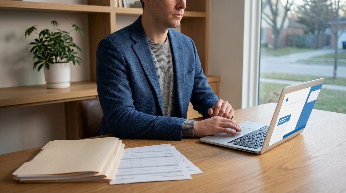 Homme en veste bleue utilise son ordinateur portable pour rechercher des informations sur sa mutuelle, des documents sur le bureau.