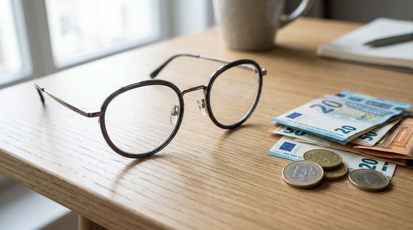 Une paire de lunettes, des billets et pièces en euros sur une table en bois, illustrant le coût des équipements optiques.