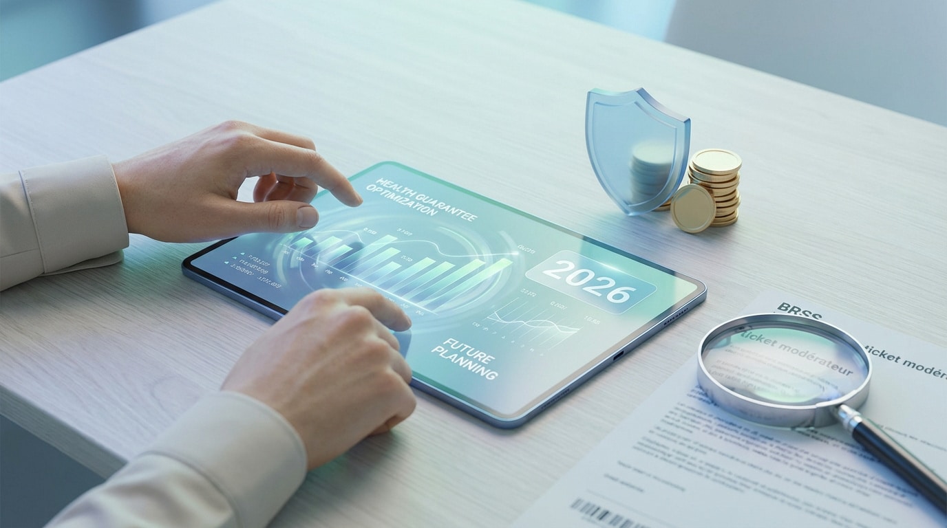 Personne optimisant ses garanties santé sur une tablette avec graphiques, près d'un bouclier, de pièces d'or et d'un document BRSS.