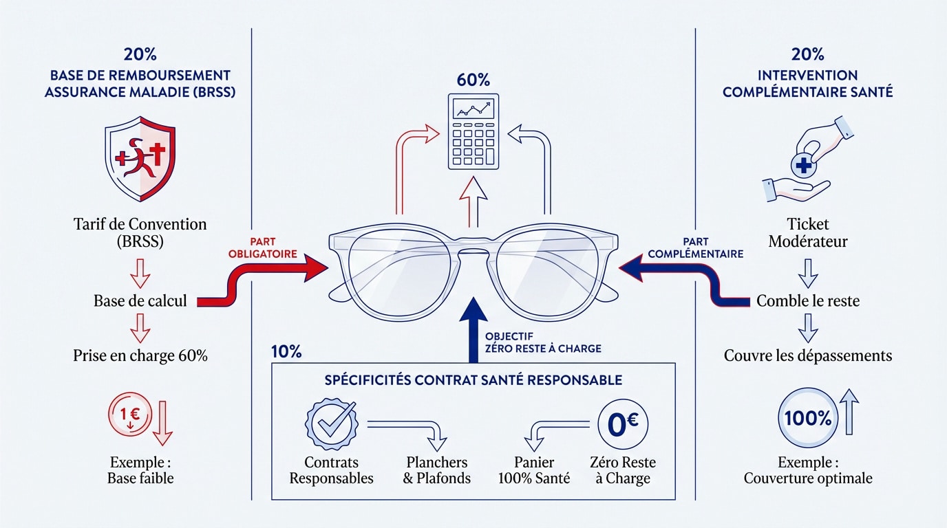 Schéma explicatif du remboursement des lunettes par la Sécurité sociale et la mutuelle