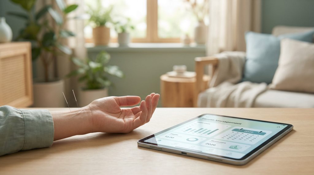 Main avec aiguilles d'acupuncture sur le poignet, à côté d'une tablette affichant un suivi de santé, dans un intérieur moderne.
