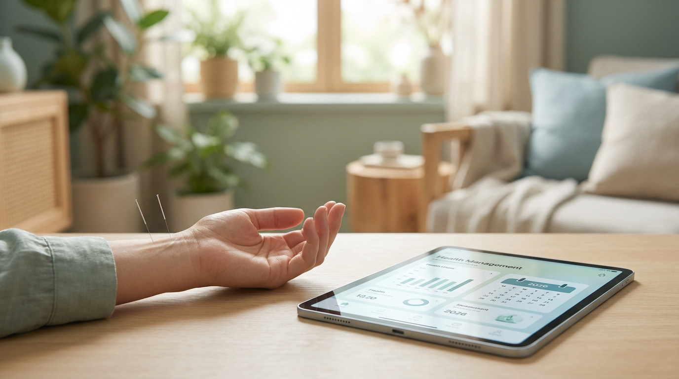 Main avec aiguilles d'acupuncture sur le poignet, à côté d'une tablette affichant un suivi de santé, dans un intérieur moderne.