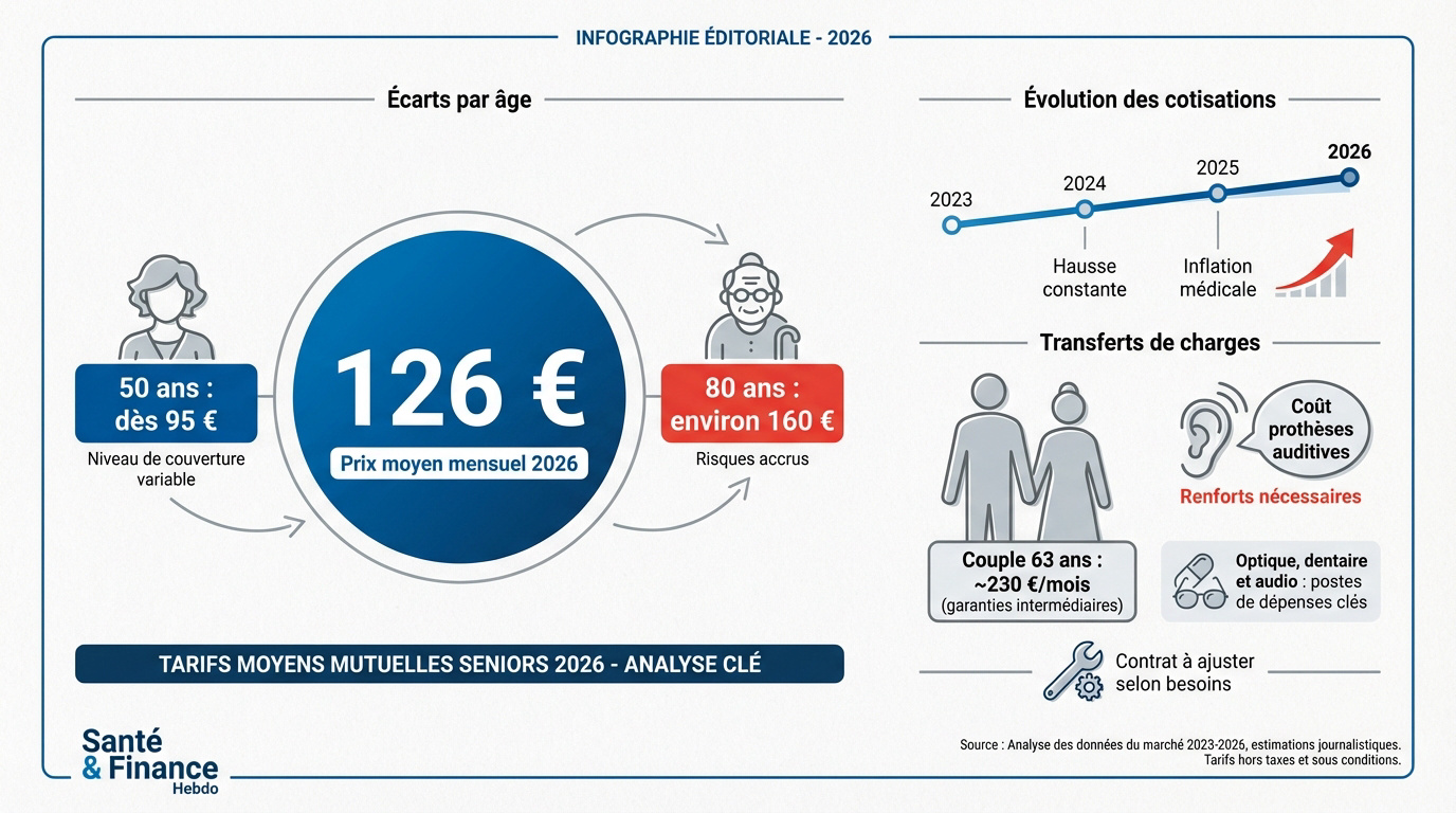 Graphique de l'évolution des tarifs de mutuelle senior entre 2023 et 2026