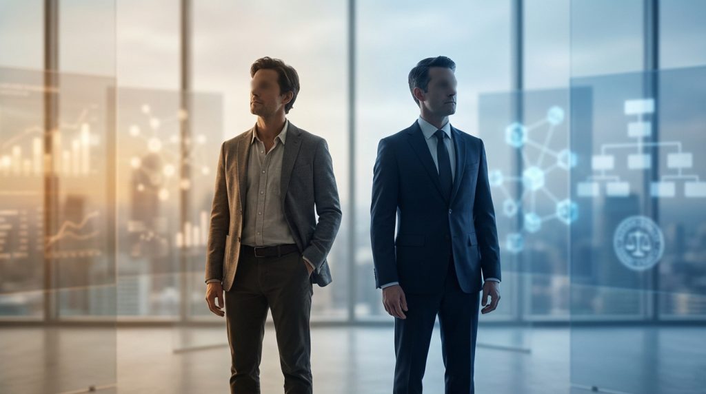 Deux hommes, un en tenue décontractée (TNS) et un en costume formel (salarié), avec des projections de données holographiques.