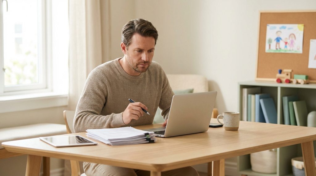 Homme concentré en pull beige travaille sur un ordinateur portable, entouré de documents. Au fond, des dessins d'enfants.