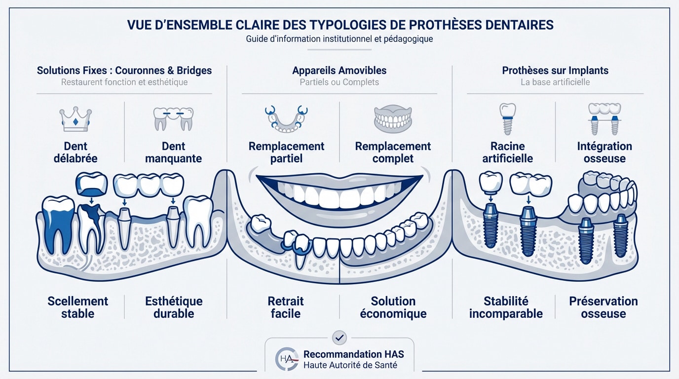 Comparaison visuelle entre couronnes fixes, bridges et appareils amovibles
