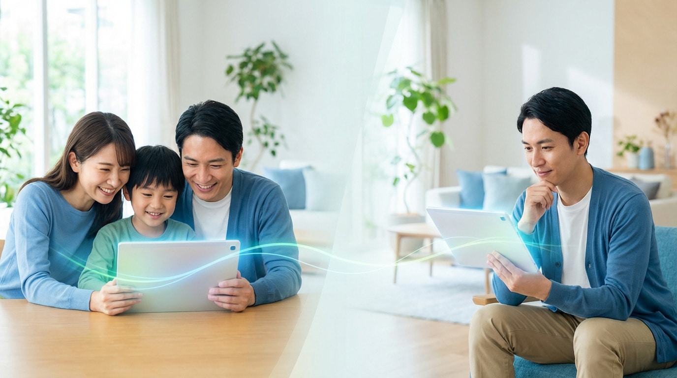 Une famille et un homme seul regardent des tablettes, avec des liens lumineux. Représente le choix mutuelle famille ou individuelle.