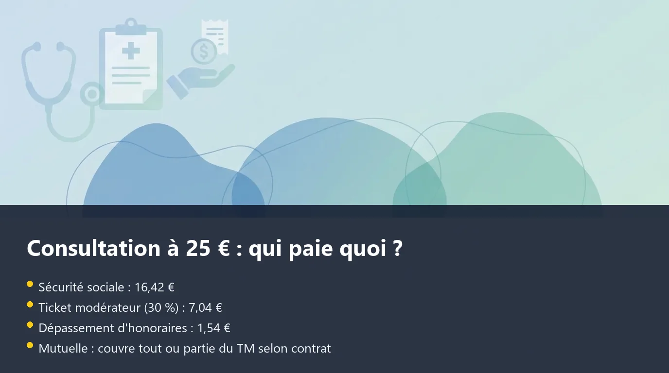 Consultation à 25 € : qui paie quoi ? Infographie décomposant le remboursement d'une consultation à 25 euros entre Sécurité sociale, ticket modérateur et mutuelle