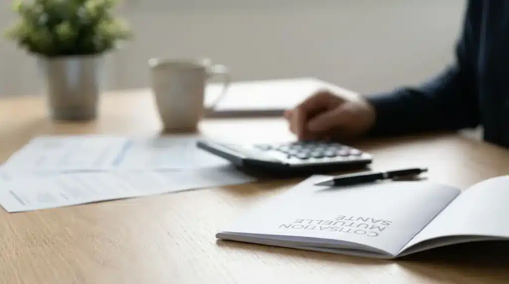 Coût mutuelle santé : documents de devis et calculatrice sur bureau professionnel