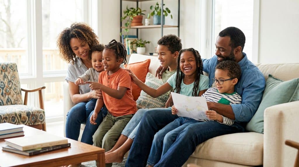 Famille nombreuse souriante (parents et cinq enfants) assise sur un canapé, regardant un dessin ensemble.