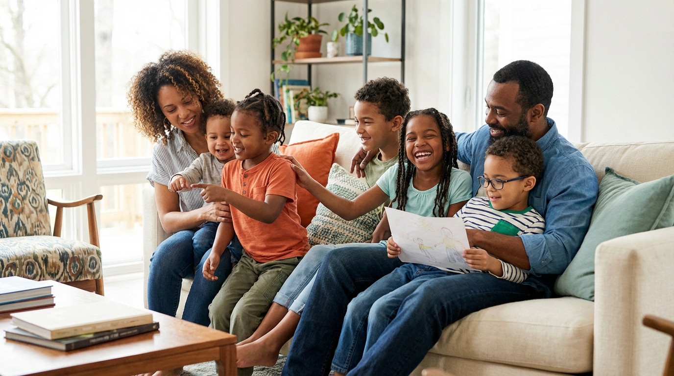 Famille nombreuse souriante (parents et cinq enfants) assise sur un canapé, regardant un dessin ensemble.