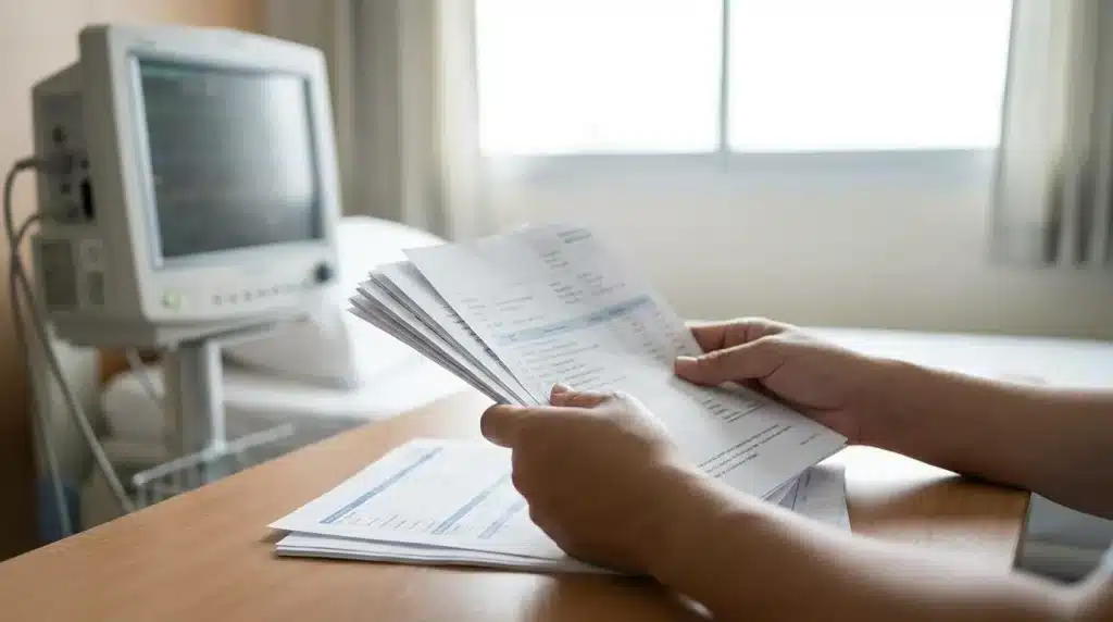 Coût hospitalisation sans mutuelle : documents administratifs et relevés de frais médicaux sur un bureau