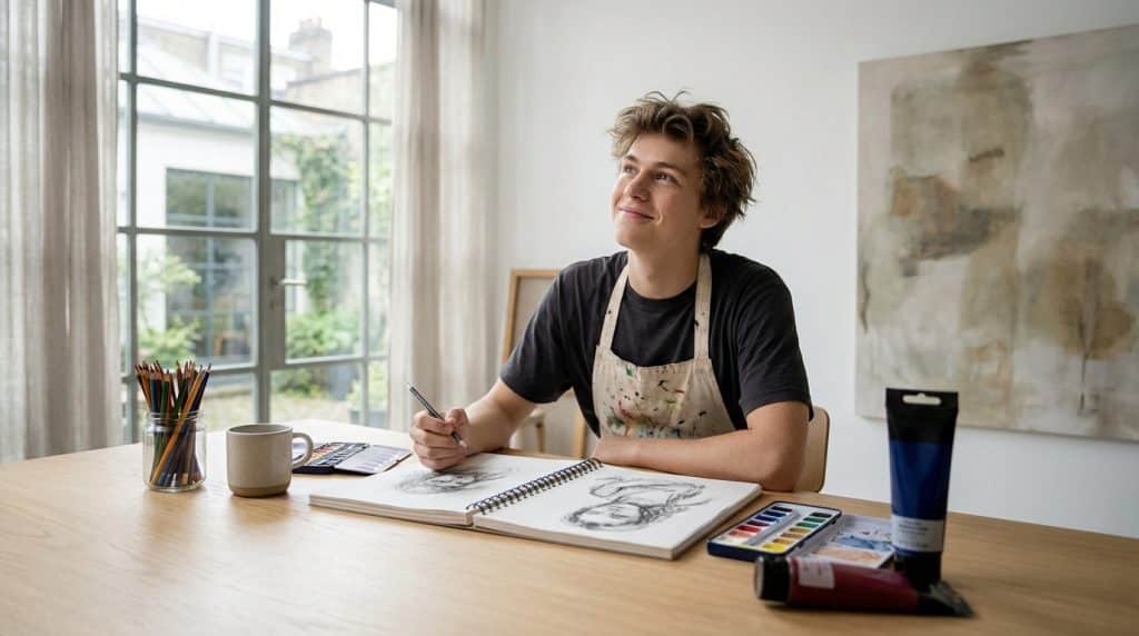 Jeune artiste souriant portant un tablier taché de peinture, dessinant dans un carnet à la lumière d'une fenêtre.