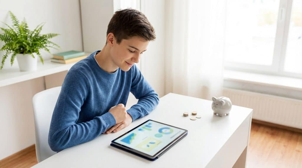 Jeune étudiant en pull bleu gère son budget sur une tablette avec des graphiques financiers. Tirelire et pièces sur la table.