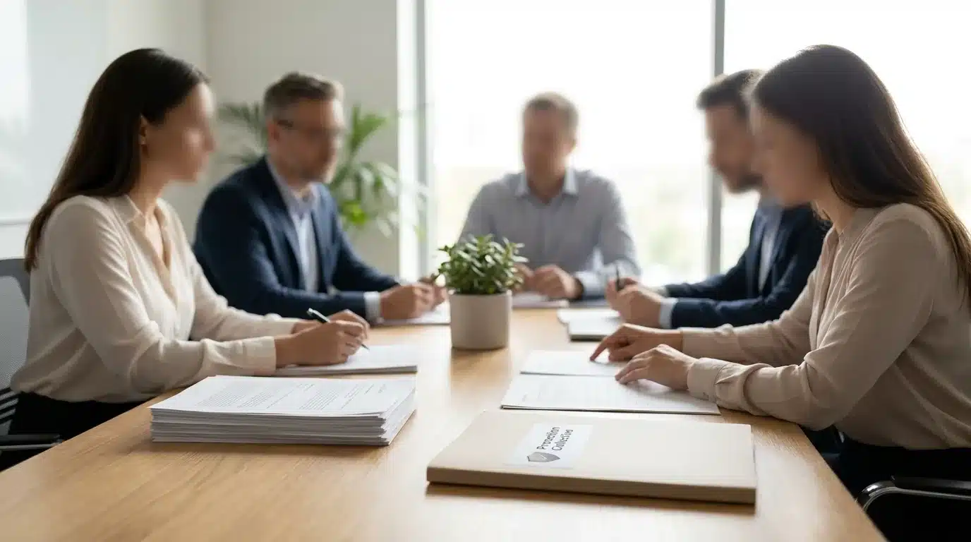 Collaborateurs en réunion autour d'une table discutant de mutuelle collective entreprise