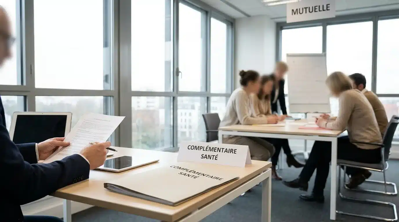 Documents de mutuelle et complémentaire santé sur un bureau avec calculatrice