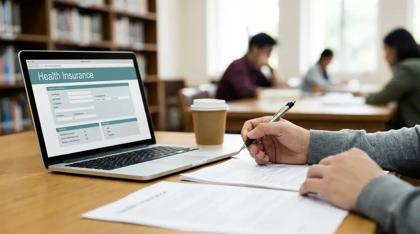 Étudiante consultant des documents sur la mutuelle étudiant à son bureau
