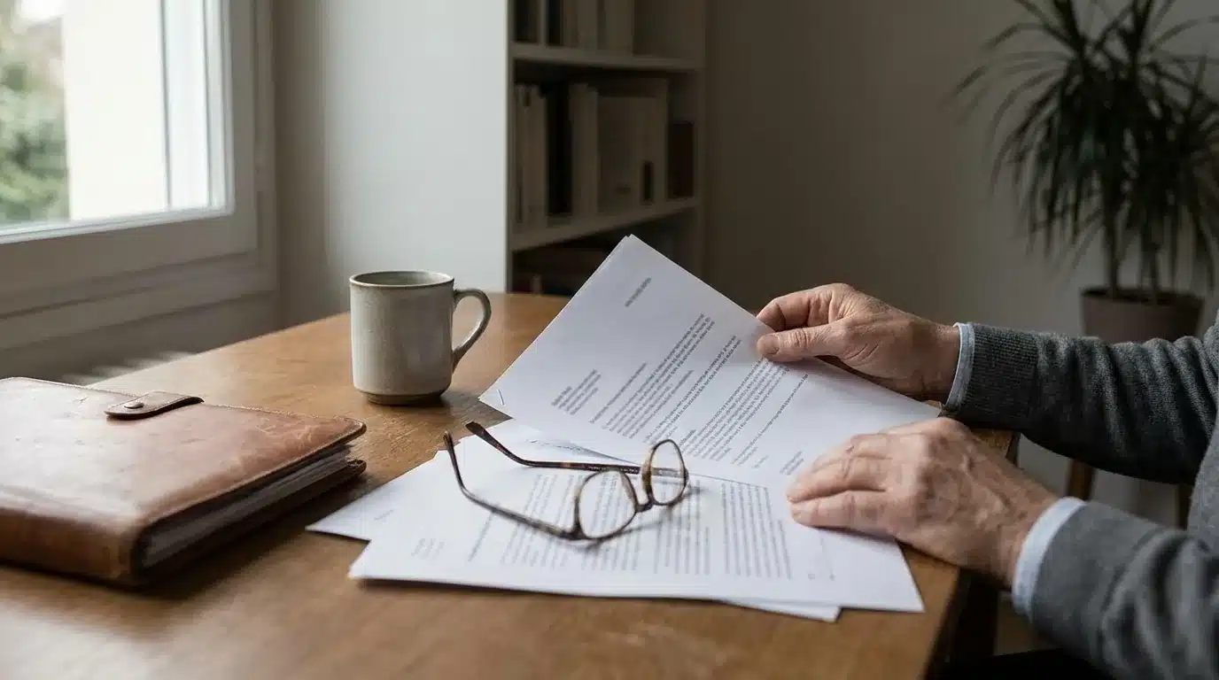 Retraité consultant des documents administratifs concernant sa couverture santé et mutuelle