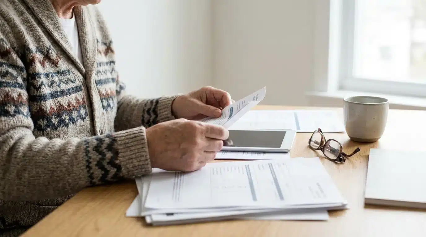 Femme senior consultant des documents de santé, illustrant la couverture mutuelle après 60 ans