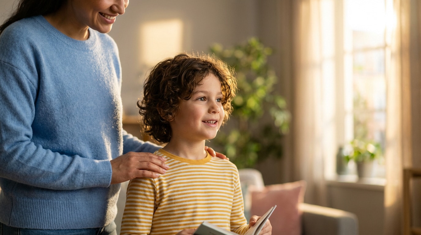 Une femme souriante pose sa main sur l'épaule d'un enfant aux cheveux bouclés qui tient un livre, dans un intérieur lumineux.
