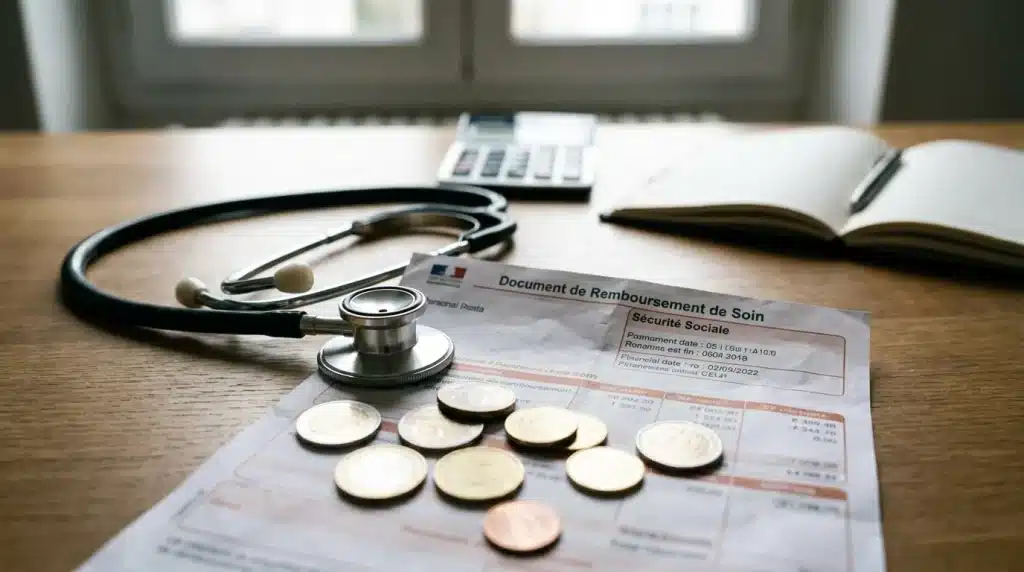 Stéthoscope et document de remboursement illustrant le calcul de la base de remboursement BRSS