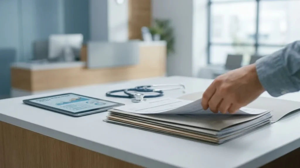 Remboursement mutuelle hospitalisation : documents administratifs et dossier médical sur un bureau