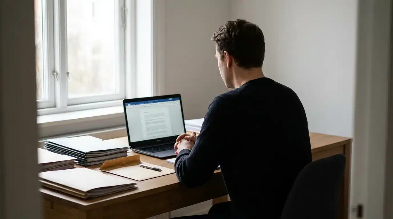 Document de résiliation mutuelle obligatoire avec stylo et calculatrice sur bureau