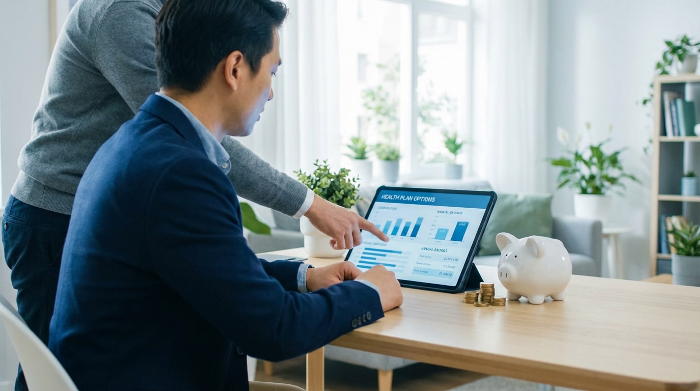 Deux hommes analysent des options d'assurance santé sur une tablette, avec une tirelire et des pièces, symbolisant l'épargne.
