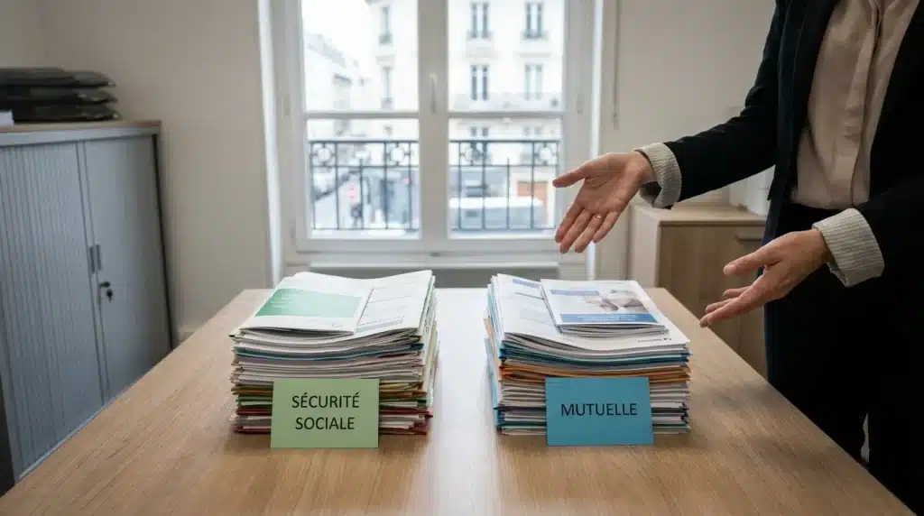 Documents administratifs et carte de sécurité sociale, illustrant la différence entre sécurité sociale et mutuelle