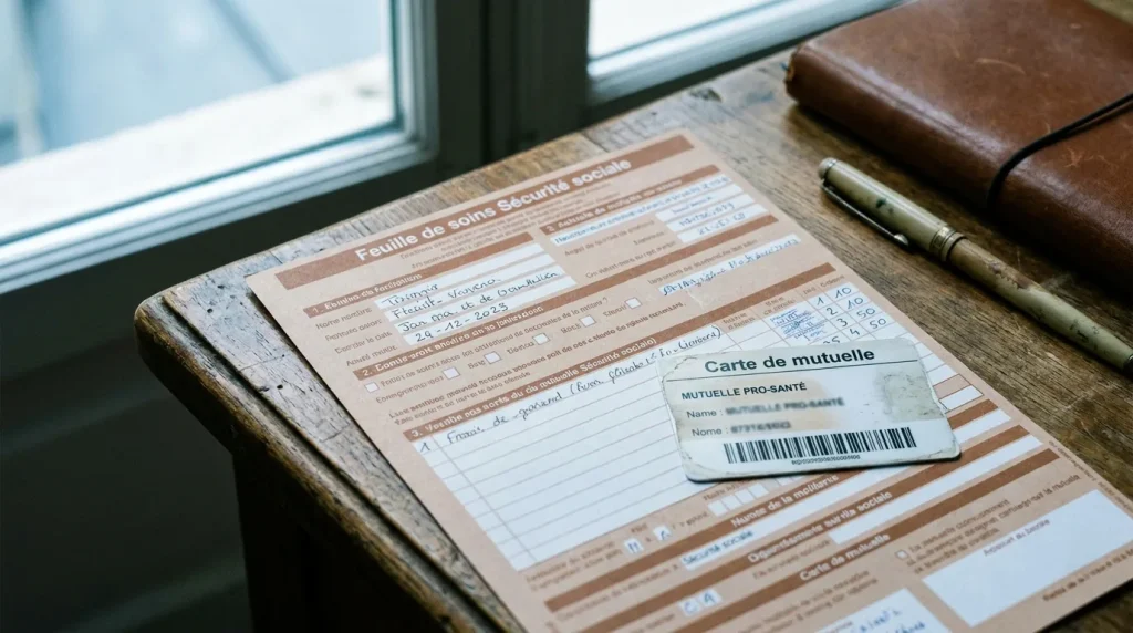 Feuille de soins Sécurité sociale et carte de mutuelle posées sur un bureau en lumière naturelle