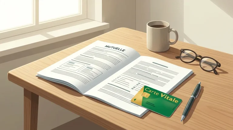 Document contractuel d'une mutuelle santé posé sur un bureau avec une carte vitale