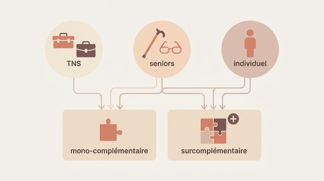 Schéma des trois populations cibles d'ACPS : TNS, seniors et particuliers, avec les deux types de contrat disponibles