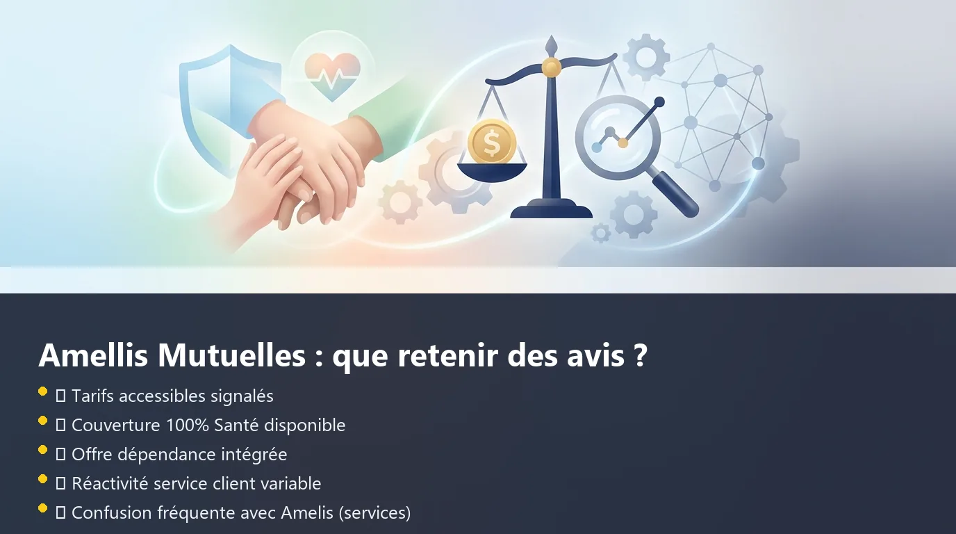 Synthèse visuelle des critères d'évaluation d'Amellis Mutuelles avec points forts et vigilances