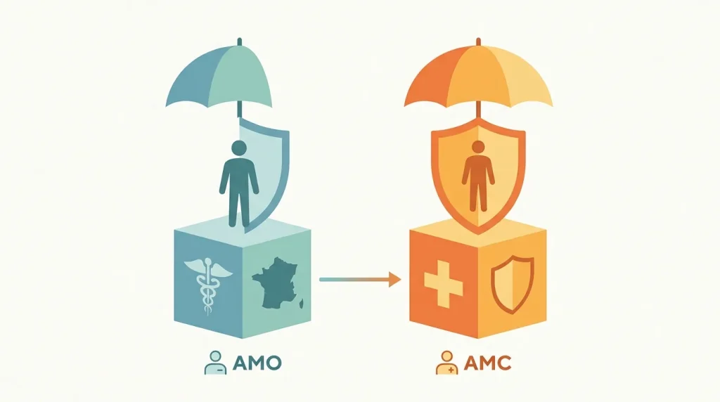 Schéma en deux colonnes illustrant le socle AMO de la Sécurité sociale et la complémentaire AMC